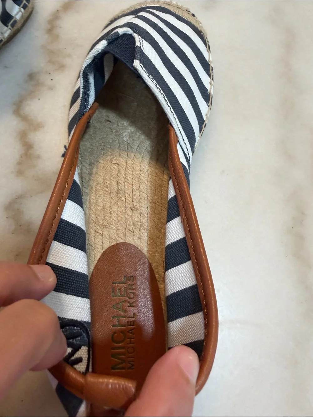 Michael Kors Black and White Striped Espadrille Insole with Tan Trim
